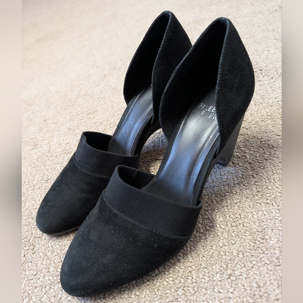 Eileen Fisher Bailey Black Suede D'Orsay Slip On Block Heels 7.5 Stretch Career
